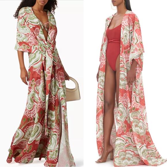 ANDREA IYAMAH Gamba Abstract Mushroom Red and Green Kimono Robe Maxi Dress - Picture 4 of 12